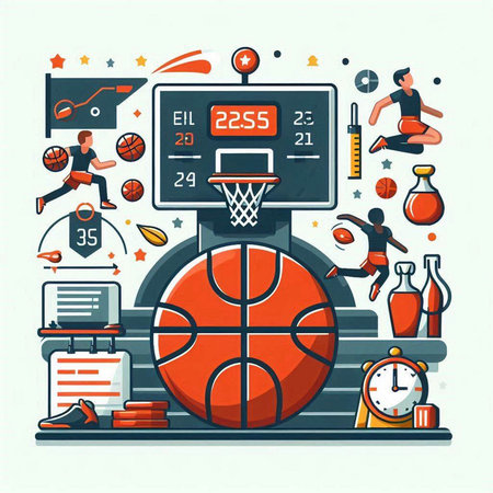 Basketball game concept in flat line design style. Vector illustration.のイラスト素材