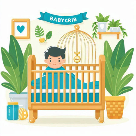 Baby care, vector illustration in flat cartoon style. Boy in a crib with a bird cage.のイラスト素材