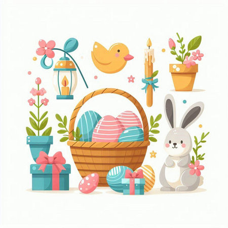 Easter set with basket, eggs, flowers and bunny. Vector illustrationのイラスト素材