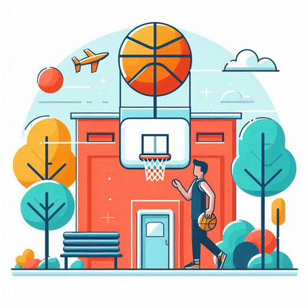 Basketball player with ball and hoop in the city. Vector illustrationのイラスト素材