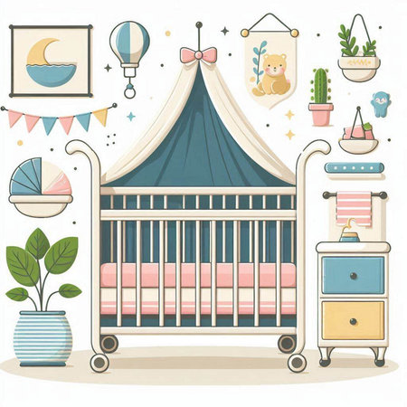 Cute baby room with bed, cot and toys. Vector illustration.のイラスト素材