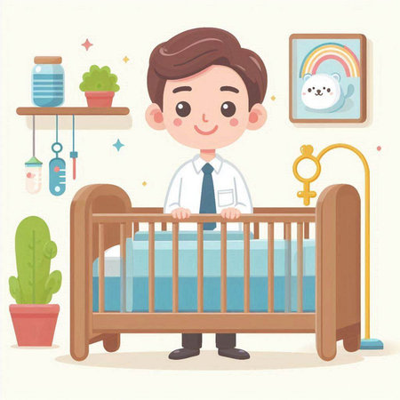 Illustration of a Little Boy in the Nursery with His Bedのイラスト素材