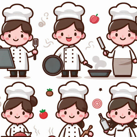 Illustration of a Set of Cute Chef Characters with Different Professionsのイラスト素材