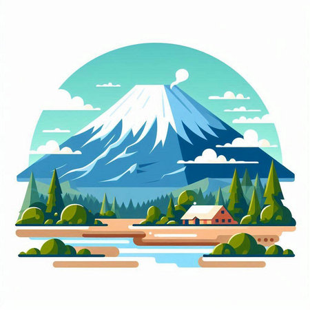 Mountains, forest and lake in flat style. Vector illustration.のイラスト素材