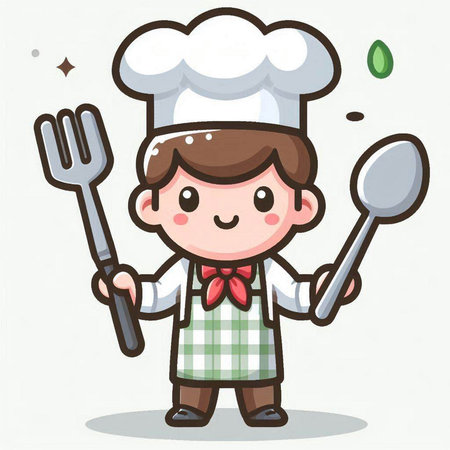 Chef boy with spoon and fork character cartoon vector illustration graphic designのイラスト素材