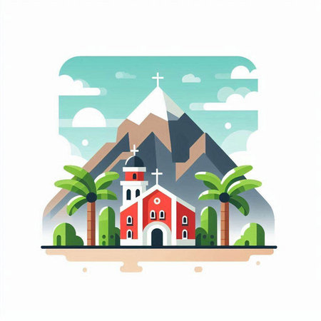Church in the mountains and palm trees. Vector illustration in flat styleのイラスト素材