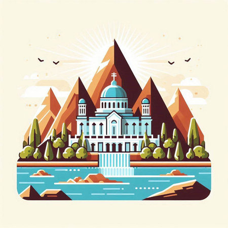 Mountain landscape with Cathedral of Christ the Saviour and lake. Vector illustrationのイラスト素材