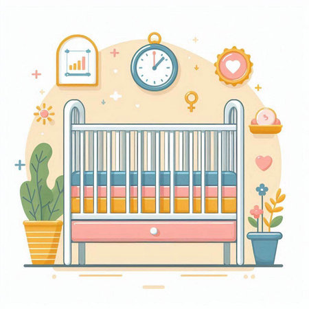 Cute baby room with crib, clock, clock, flowers and other elements. Vector illustration.のイラスト素材