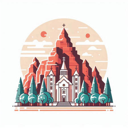Church in the mountains. Landscape with a church. Vector illustration.のイラスト素材