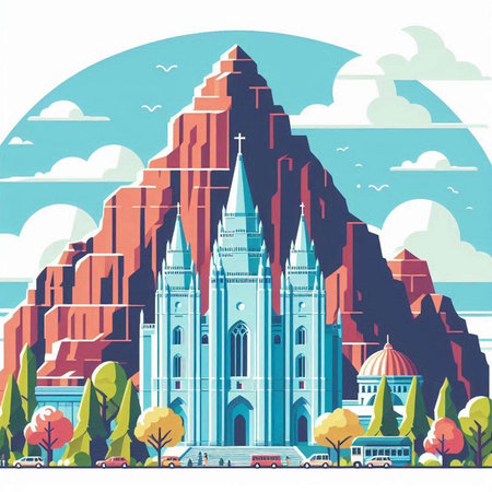 Church on the background of the city. Vector illustration in retro style.のイラスト素材