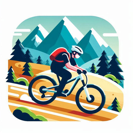 Mountain biker riding on a road in the mountains. Vector illustrationのイラスト素材