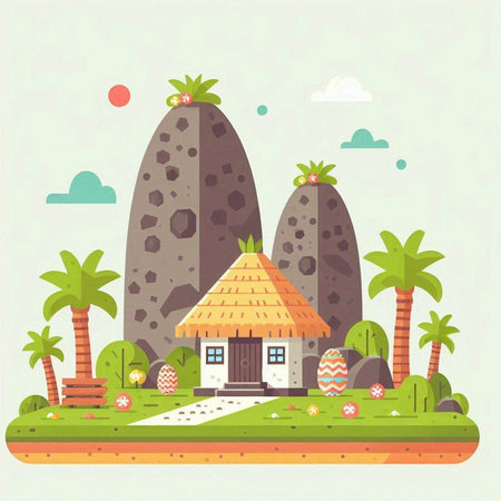 Cave house in the jungle. Cute cartoon vector illustration.のイラスト素材