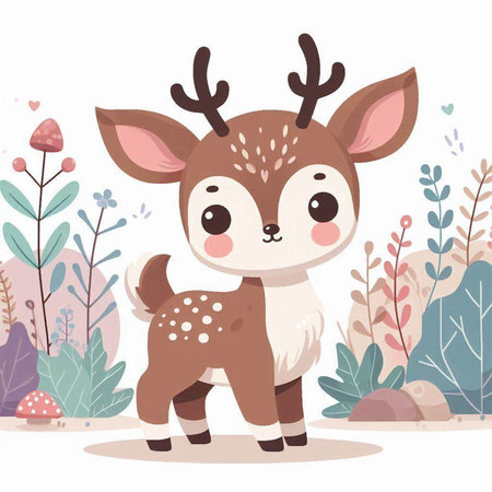 Cute cartoon deer in the forest. Vector illustration in flat styleのイラスト素材