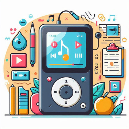 Music player with headphones and notes. Vector illustration in flat style.のイラスト素材