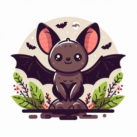 Cute cartoon bat sitting on the ground among the leaves. Vector illustration.のイラスト素材