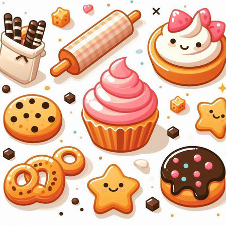 Seamless pattern with cakes and cookies. Vector illustration in cartoon style.のイラスト素材
