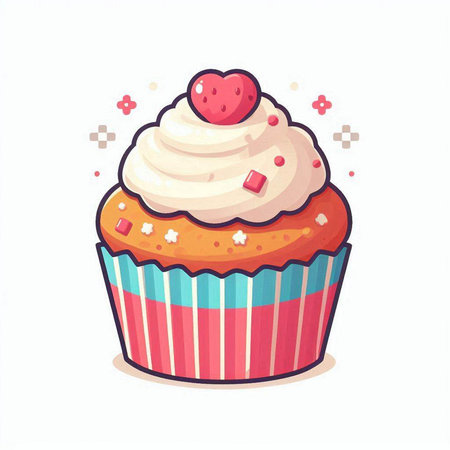 Cupcake with whipped cream and hearts. Vector illustration in cartoon style.のイラスト素材