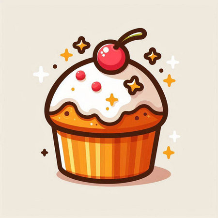 Cute cupcake with cherry and stars. Vector Illustration.のイラスト素材