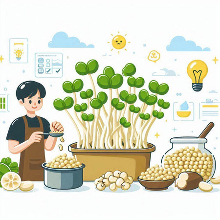 Vector illustration of a man with soybean seedlings in a potのイラスト素材