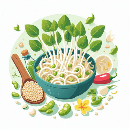 Illustration of a bowl of Asian noodle soup with bean sprouts, soybeans and spicesのイラスト素材