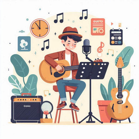 Musician in hat playing guitar on stage. Vector flat cartoon illustrationのイラスト素材