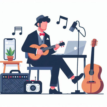 Vector illustration of a man playing guitar at home. Flat style.のイラスト素材