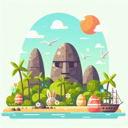Easter holiday background with eggs, bunny, palm trees and sea.のイラスト素材