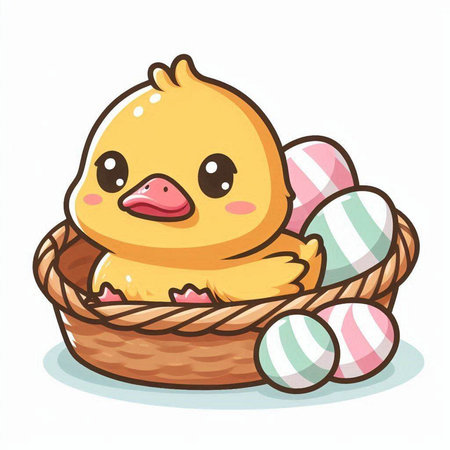 Cute cartoon chick in basket with easter eggs. Vector illustration.のイラスト素材