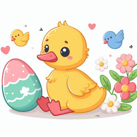Cute cartoon duck with easter eggs and flowers. Vector illustration.のイラスト素材