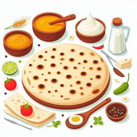 Illustration of a pizza, ingredients and spices on a white backgroundのイラスト素材