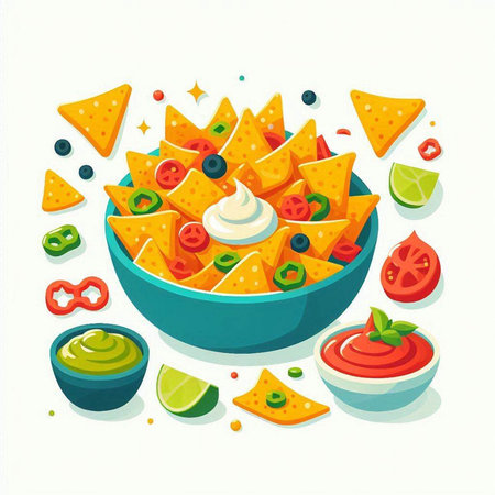 Mexican nachos in bowl with salsa, guacamole, lime, pepper, tomato, onion, cheese. Vector illustration.のイラスト素材