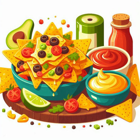 Mexican nachos with salsa sauce, guacamole and cheese. Vector illustrationのイラスト素材