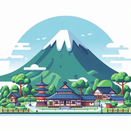 Mt. Fuji in the background. Japan. Vector illustration.のイラスト素材