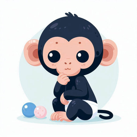 Cute cartoon monkey sitting on the floor and thinking. Vector illustration.のイラスト素材