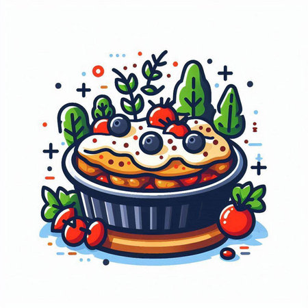 Cottage cheese pie with berries and herbs. Vector illustration in cartoon style.のイラスト素材