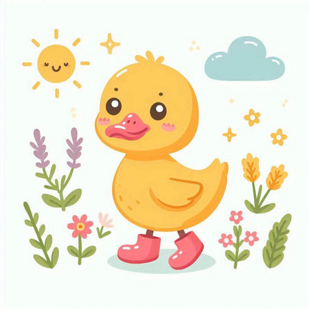 Duckling vector illustration. Cute cartoon character with flowers.のイラスト素材