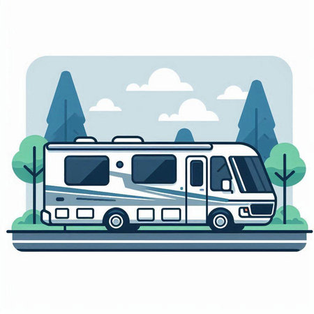Camper car on the road. Vector illustration in flat style.のイラスト素材