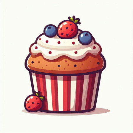 Cupcake with whipped cream and fresh berries, vector illustration.のイラスト素材