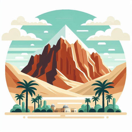 Egyptian pyramids and mountains in flat style. Vector illustration.のイラスト素材