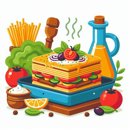 Vector illustration of a sandwich with tomato, lettuce, cheese, onion, pepper, olive oil and other ingredients.のイラスト素材