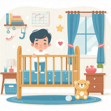 Vector illustration of a boy in a room with a crib and toysのイラスト素材