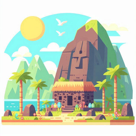 Tropical island with mountains, palm trees and houses. Vector illustrationのイラスト素材