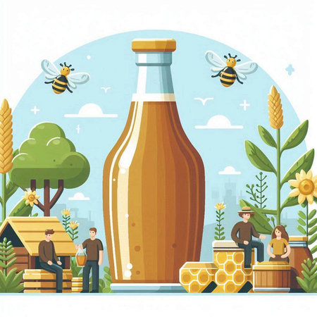 Vector illustration of a group of people working on honey production. Honey production concept.のイラスト素材