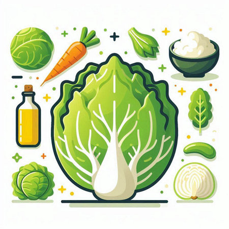 Cabbage, carrot, onion, lettuce, mozzarella cheese, olive oil. Healthy food vector illustration.のイラスト素材