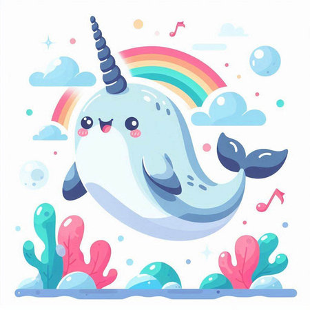 Cute cartoon narwhal with rainbow. Vector illustration in cartoon style.のイラスト素材