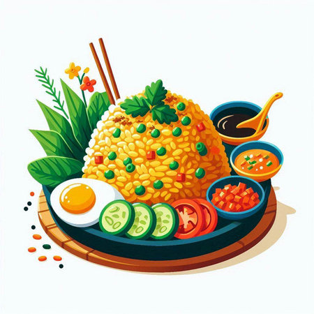 Illustration of a bowl of rice with chopsticks and vegetables.のイラスト素材