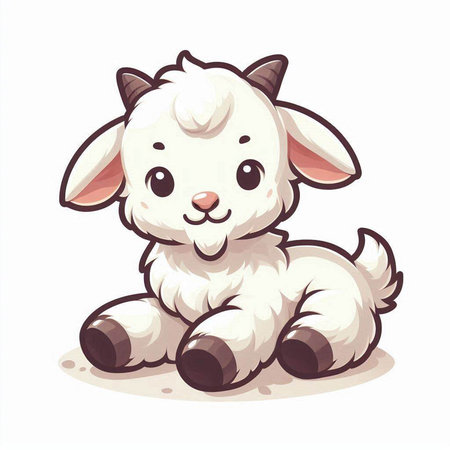Cute white goat sitting on the ground. Cartoon vector illustration.のイラスト素材