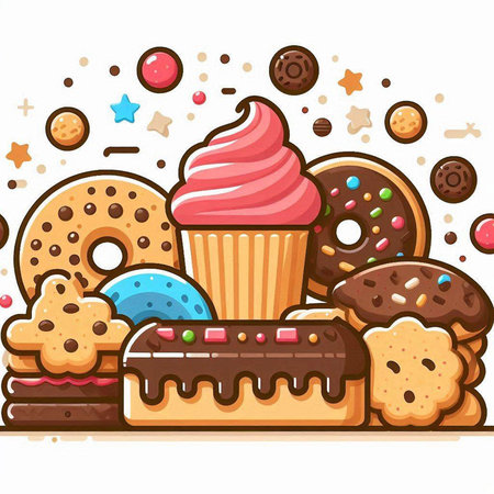 Cupcake and donuts vector illustration. Donuts and cookies backgroundのイラスト素材