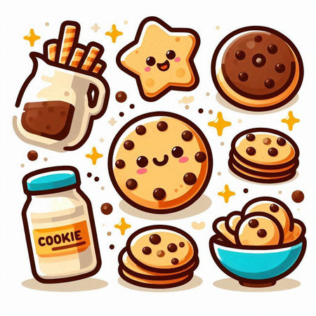 Vector illustration of a set of cute cartoon cookies with different types of filling.のイラスト素材