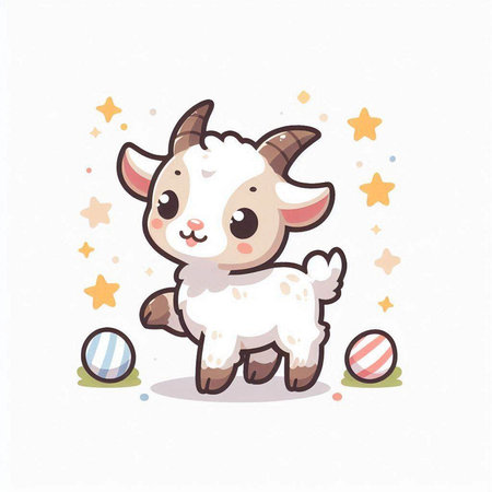 Cute cartoon goat with balls and stars on white background. Vector illustration.のイラスト素材